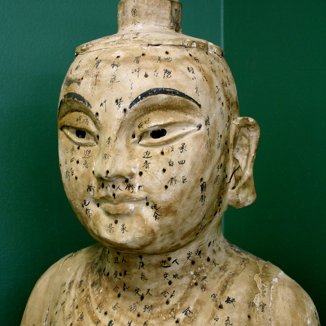 A photo of a statue showing acupuncture points