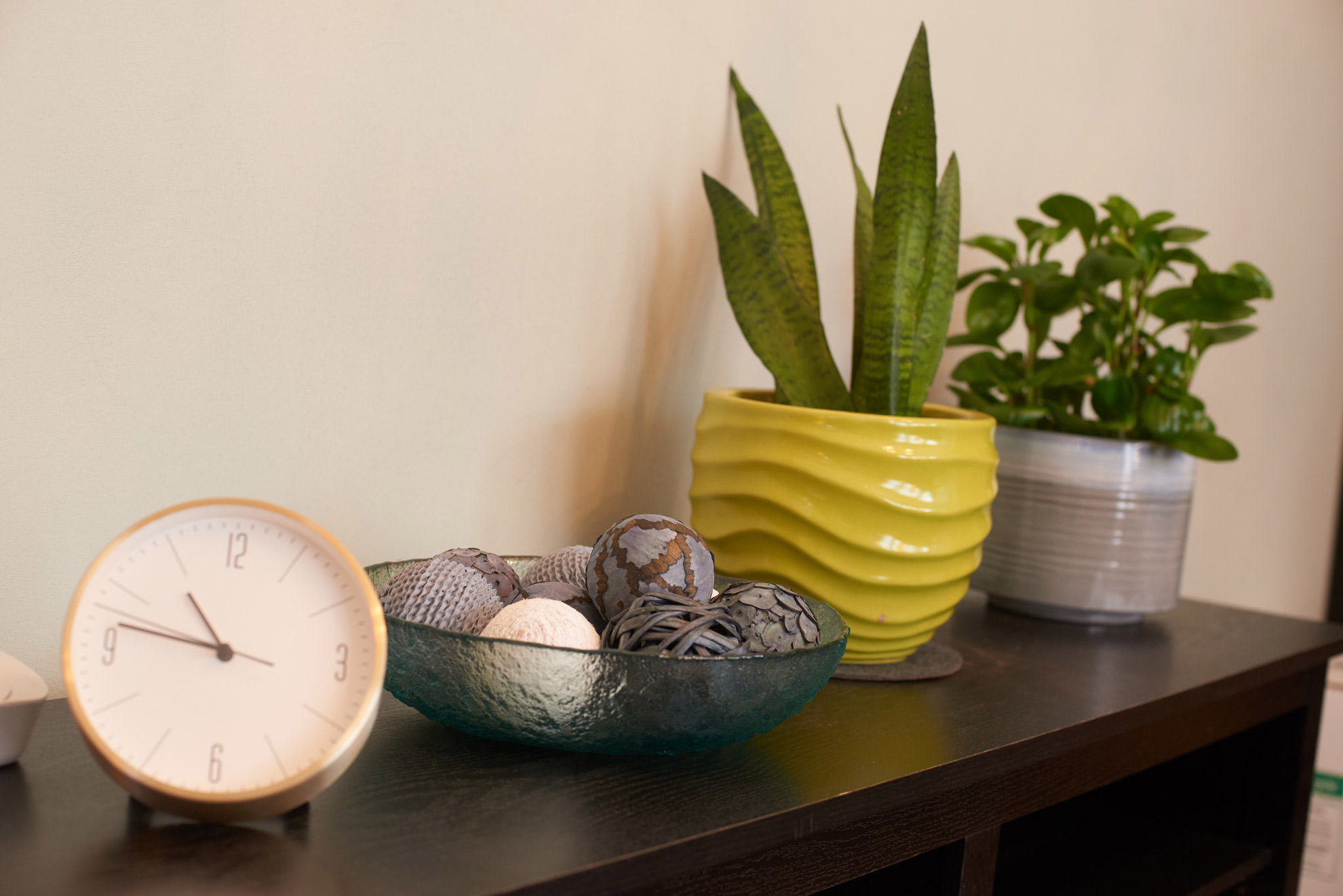 A photo of a clock some decorative objects and some small potted plants